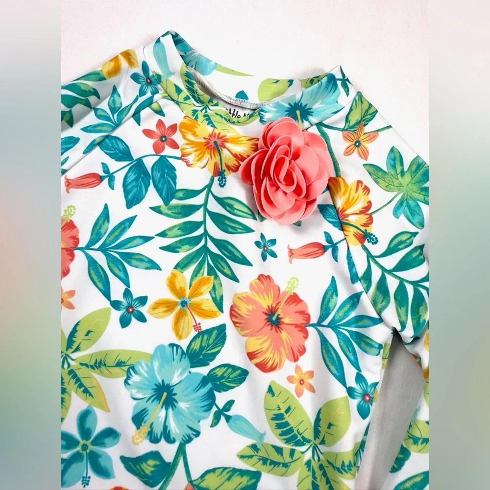 NWT LITTLE ME Toddler Girls' UPF 50+ Tropical Floral Rash‎ Guard w/ Applique 24M